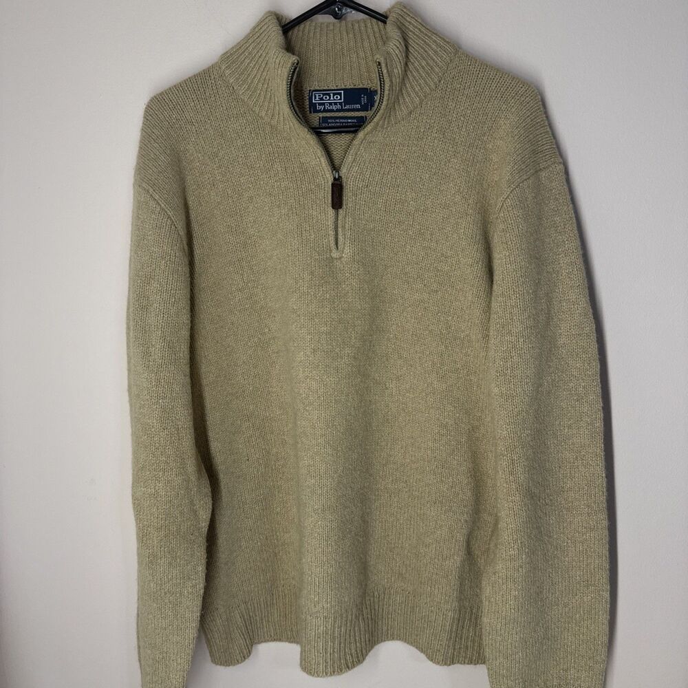 Polo Ralph Lauren 1/4 Zip Sweater XL Tan Light Brown Merino Wool Angora Vintage